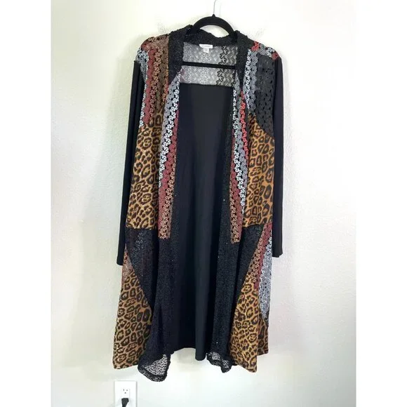 Avenue Womens Plus 26/28 Cardigan Duster Mix Media Animal Print Lace Mid Length - Picture 3 of 12